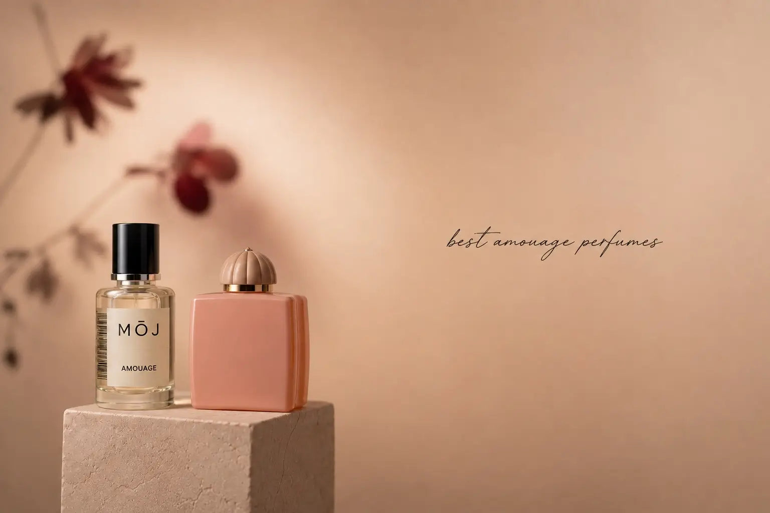 MOJ perfume bottles inspired by Amouage including Interlude M and Guidance