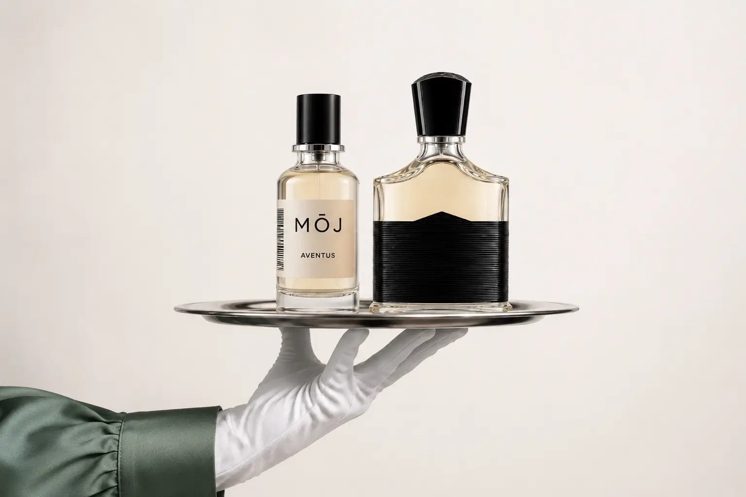 MOJ perfume bottles inspired by Creed including Aventus and Silver Water