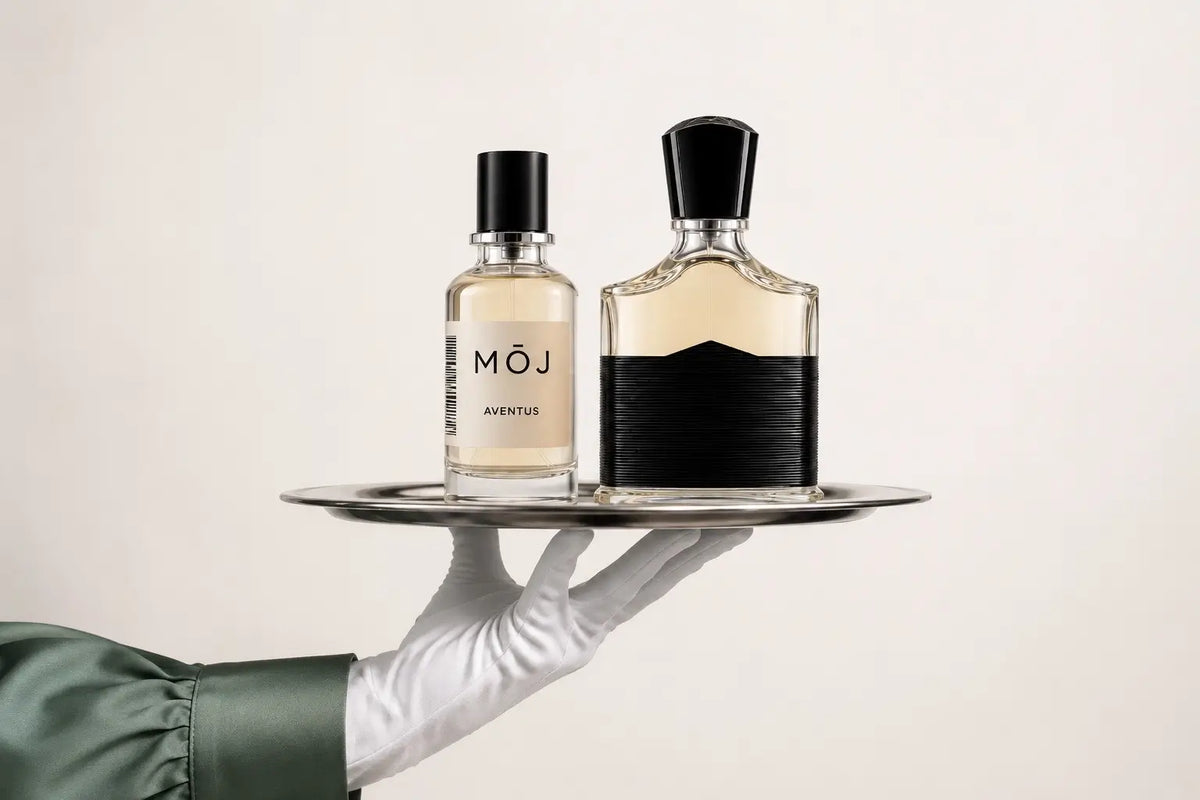 MOJ perfume bottles inspired by Creed including Aventus and Silver Water