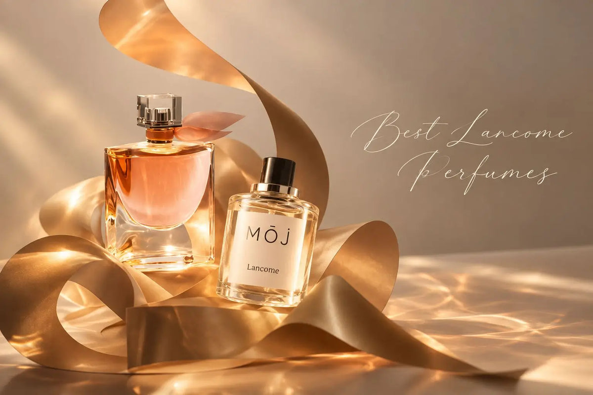 MOJ Lancome inspired perfume bottle beside a La Vie Est Belle bottle with its crystal smile cap among gold satin ribbons