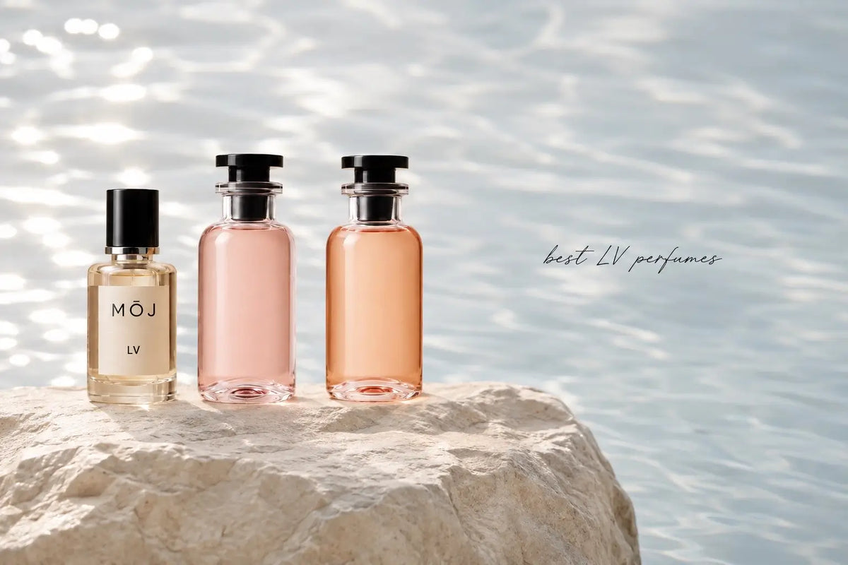 MOJ perfume bottles inspired by Louis Vuitton including Ombre Nomade and Imagination