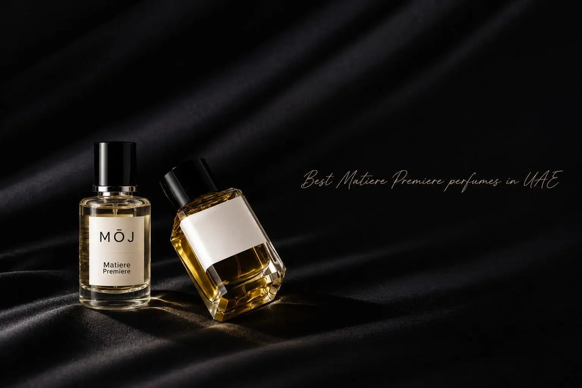 MOJ Matiere Premiere bottle beside a tilted faceted Matiere Premiere bottle on black satin, Best Matiere Premiere Perfumes in UAE