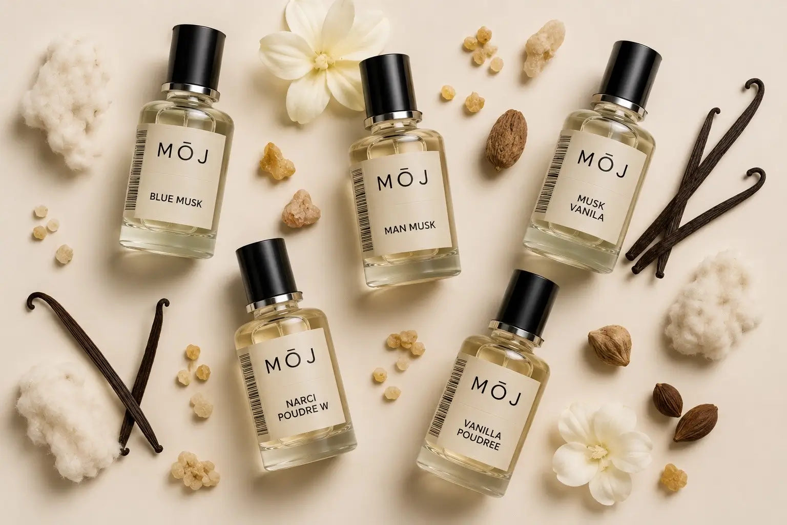 MOJ musk perfume bottles including Blue Musk, Man Musk and Narci Poudre W