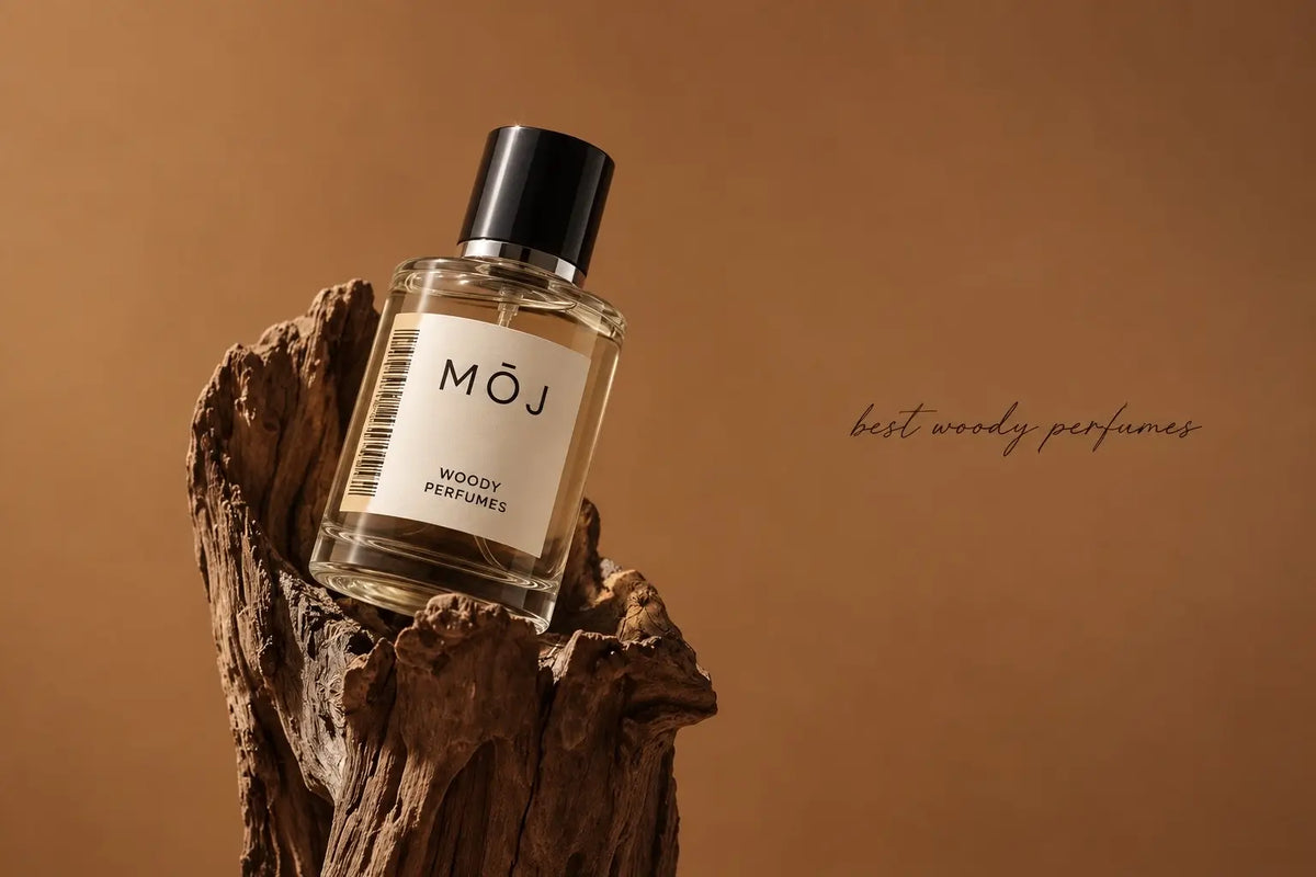 MOJ woody perfume bottles including Oudwood and Ombre Leather