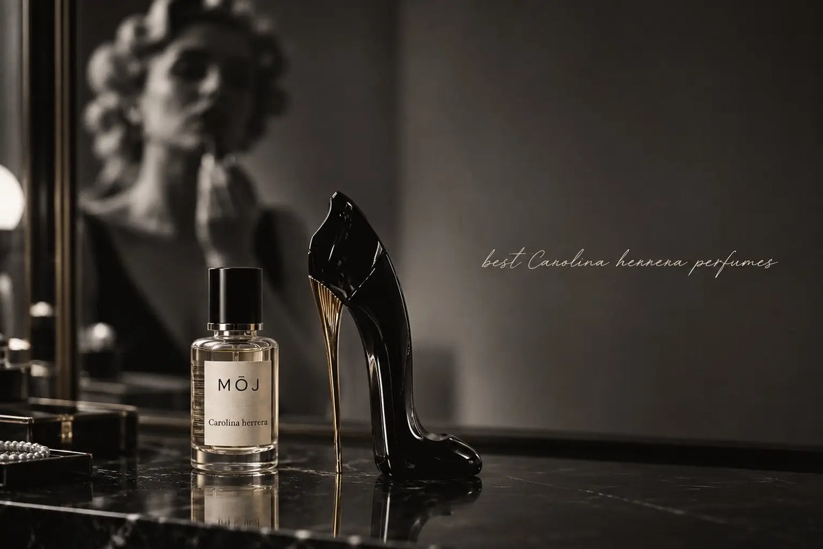 MOJ Carolina Herrera inspired perfume bottles including La Bomba and Bad Boy