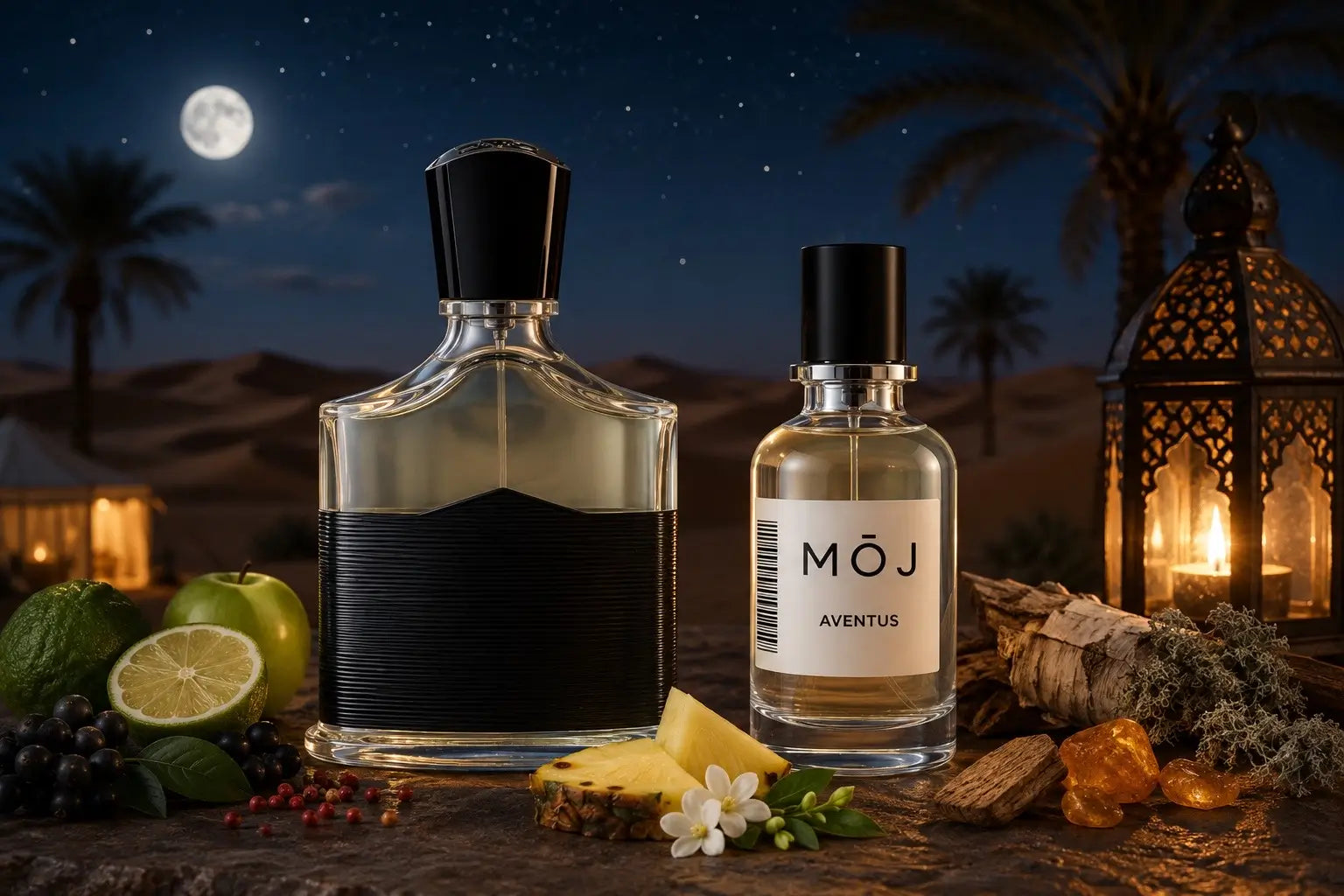 MOJ Aventus perfume bottle next to Creed Aventus comparison