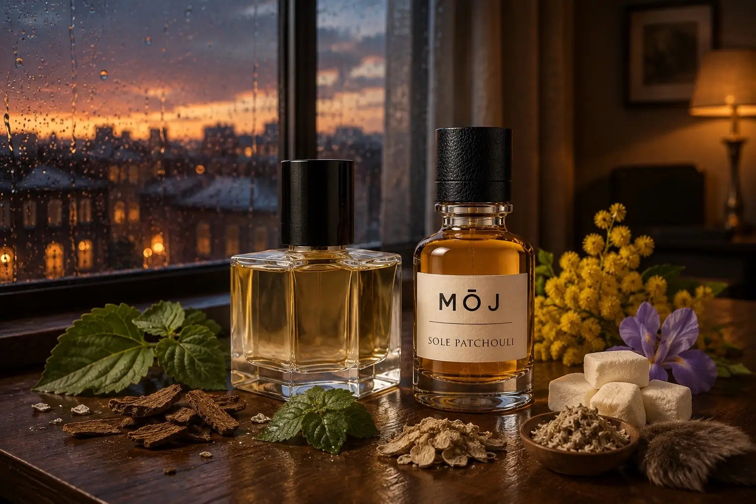 MOJ Sole Patchouli perfume bottle next to Vertus Sole Patchouli comparison