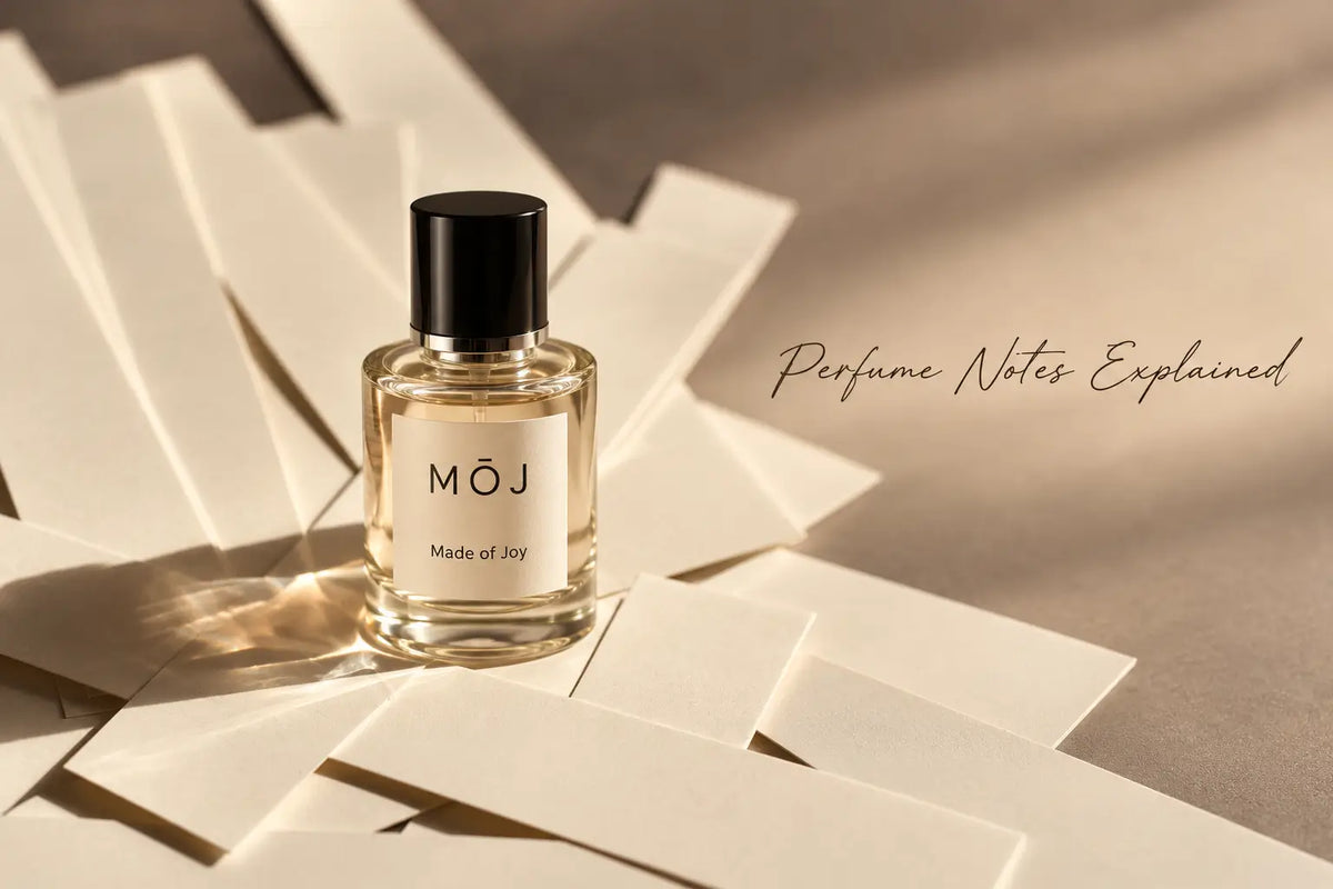 MOJ Made of Joy perfume bottle with black cap standing on a fan of blank paper blotter strips in warm sunlight, with the words Perfume Notes Explained in script