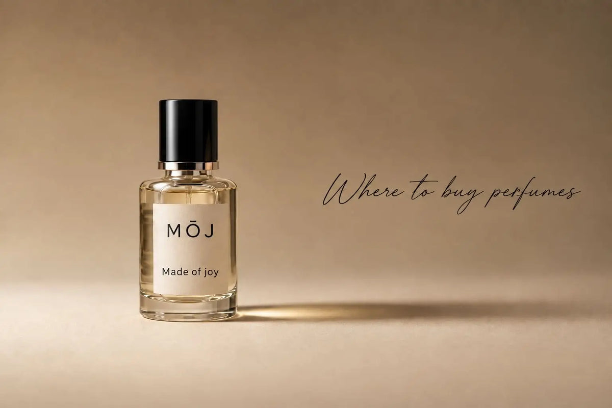 MOJ perfume bottle on a beige background with the words where to buy perfumes, where to buy perfume in the UAE