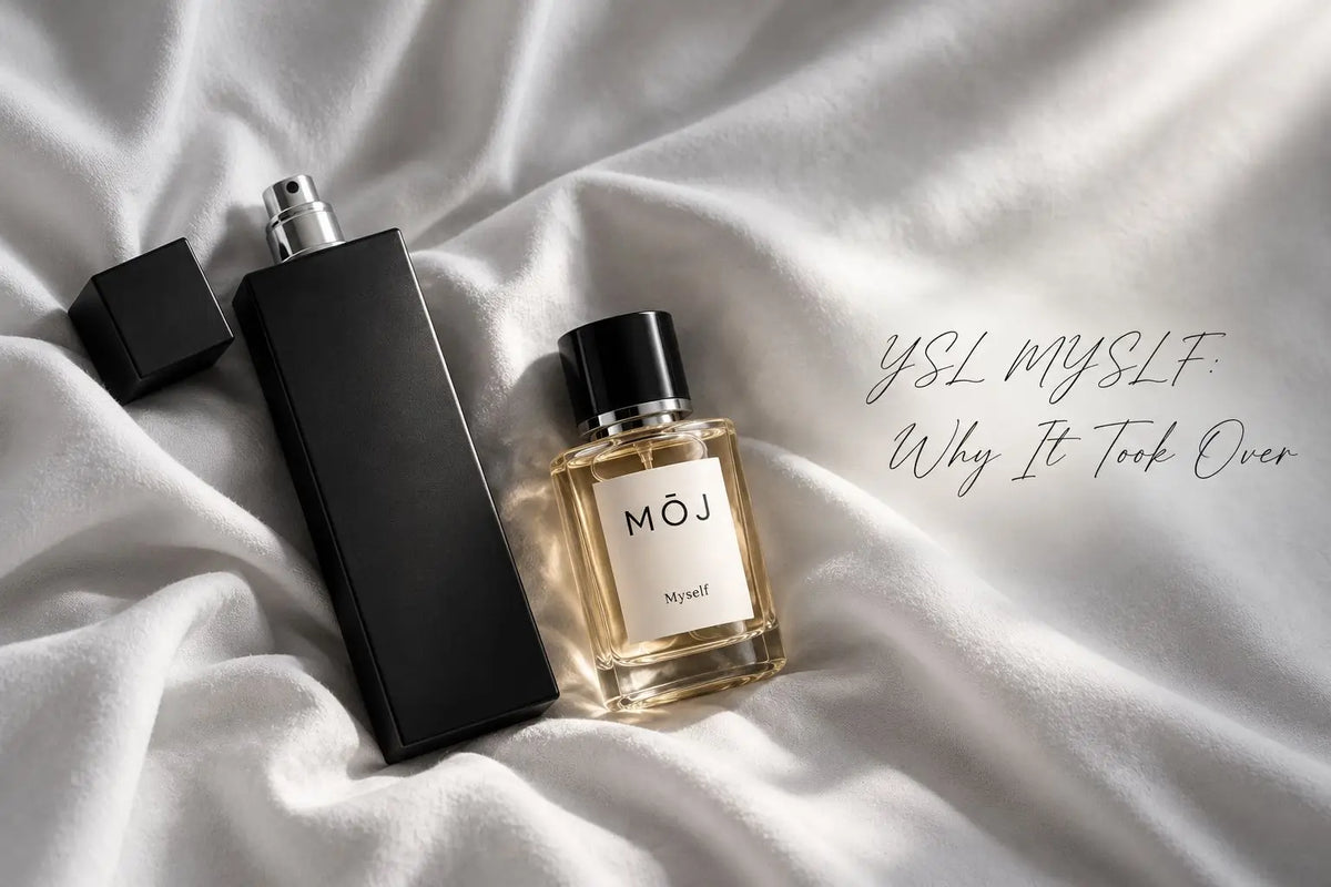 MOJ Myself perfume bottle beside a tall black unbranded bottle and cap on white satin, with the title YSL MYSLF: Why It Took Over