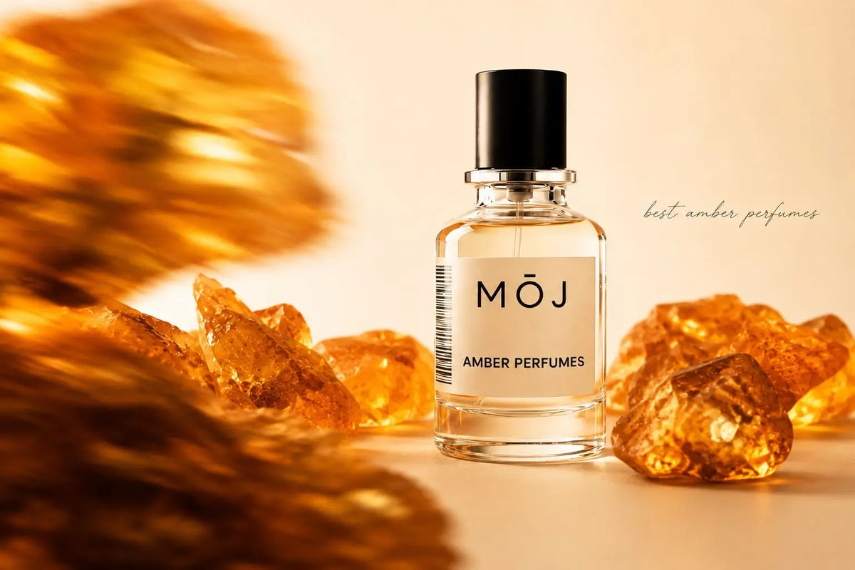 MOJ amber perfume bottles including Baccarat Rouge and Enclave styles