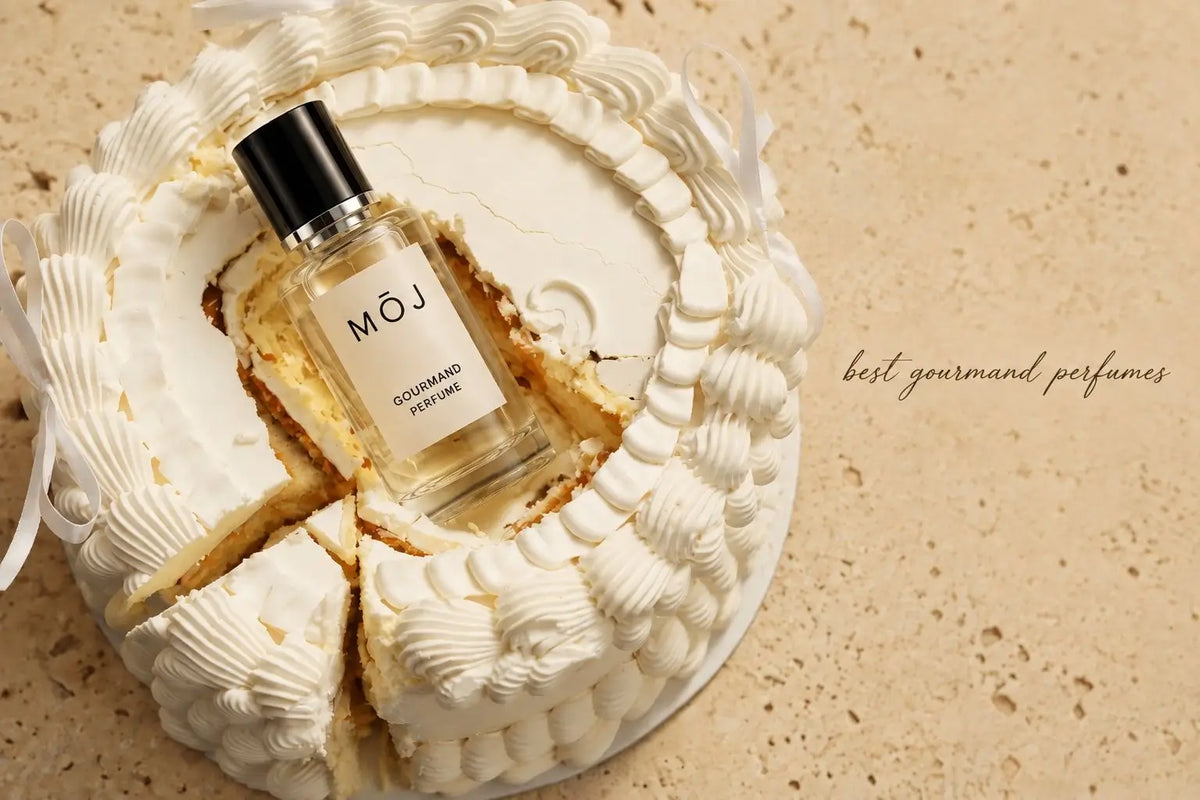 MOJ gourmand perfume bottles including Angel Share, Intoxicated and Kunafah Punch