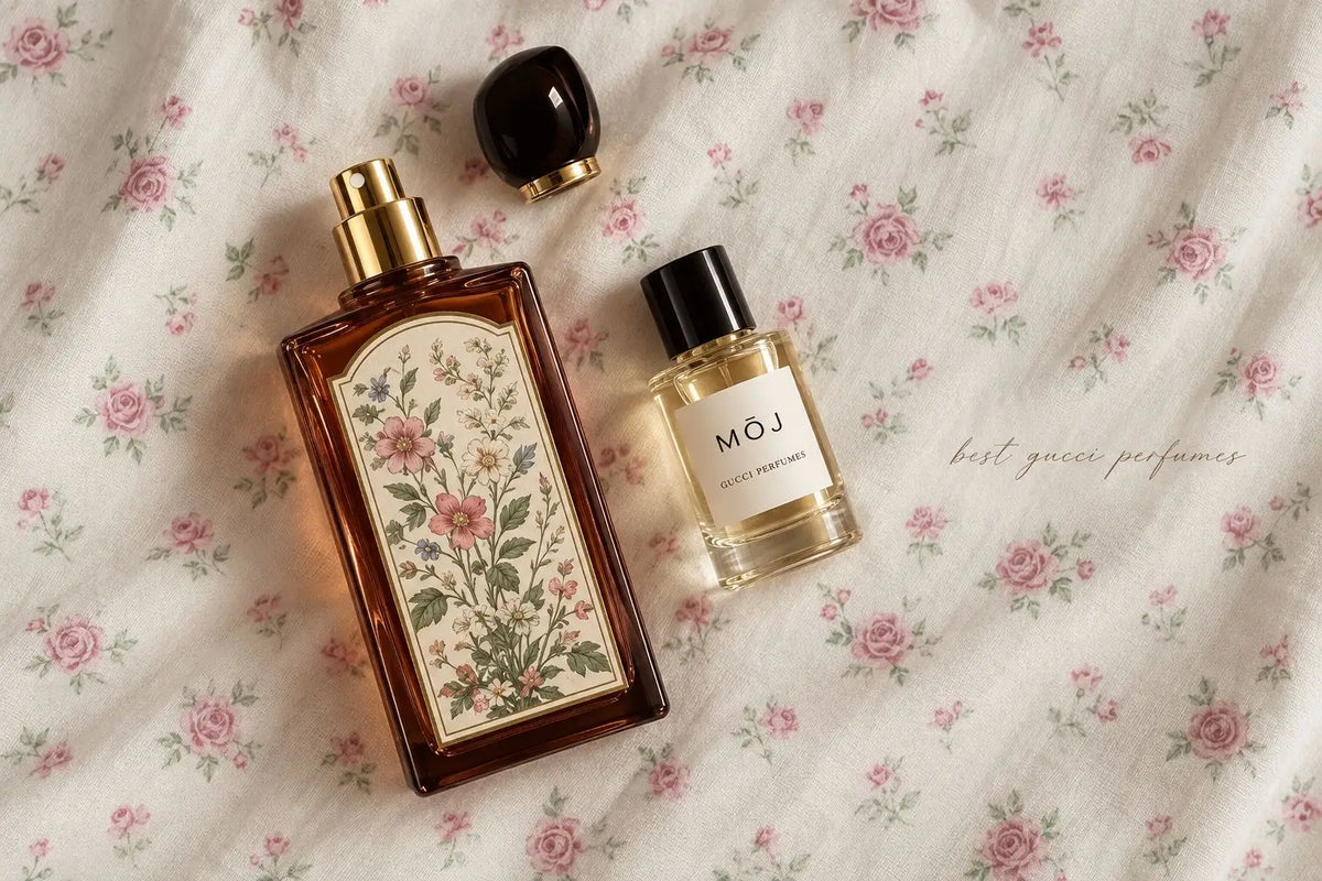MOJ Gucci inspired perfume bottles including G Flora W and Snake Voice