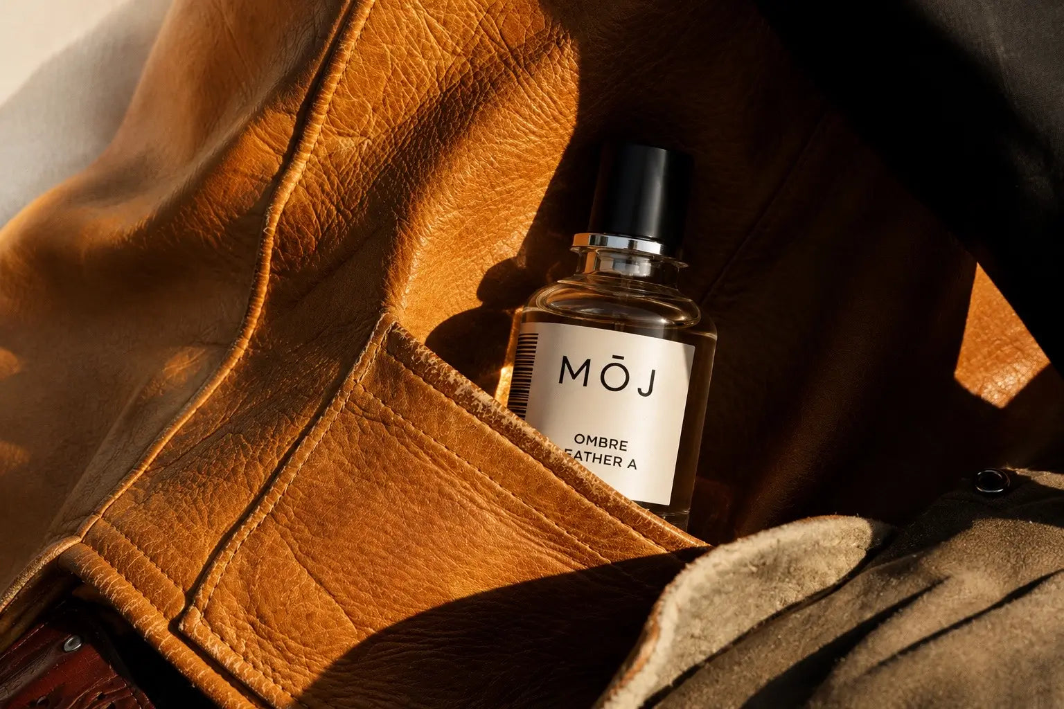 MOJ leather perfume bottles including Leather Tuscan, Ombre Leather and Falcon Leather