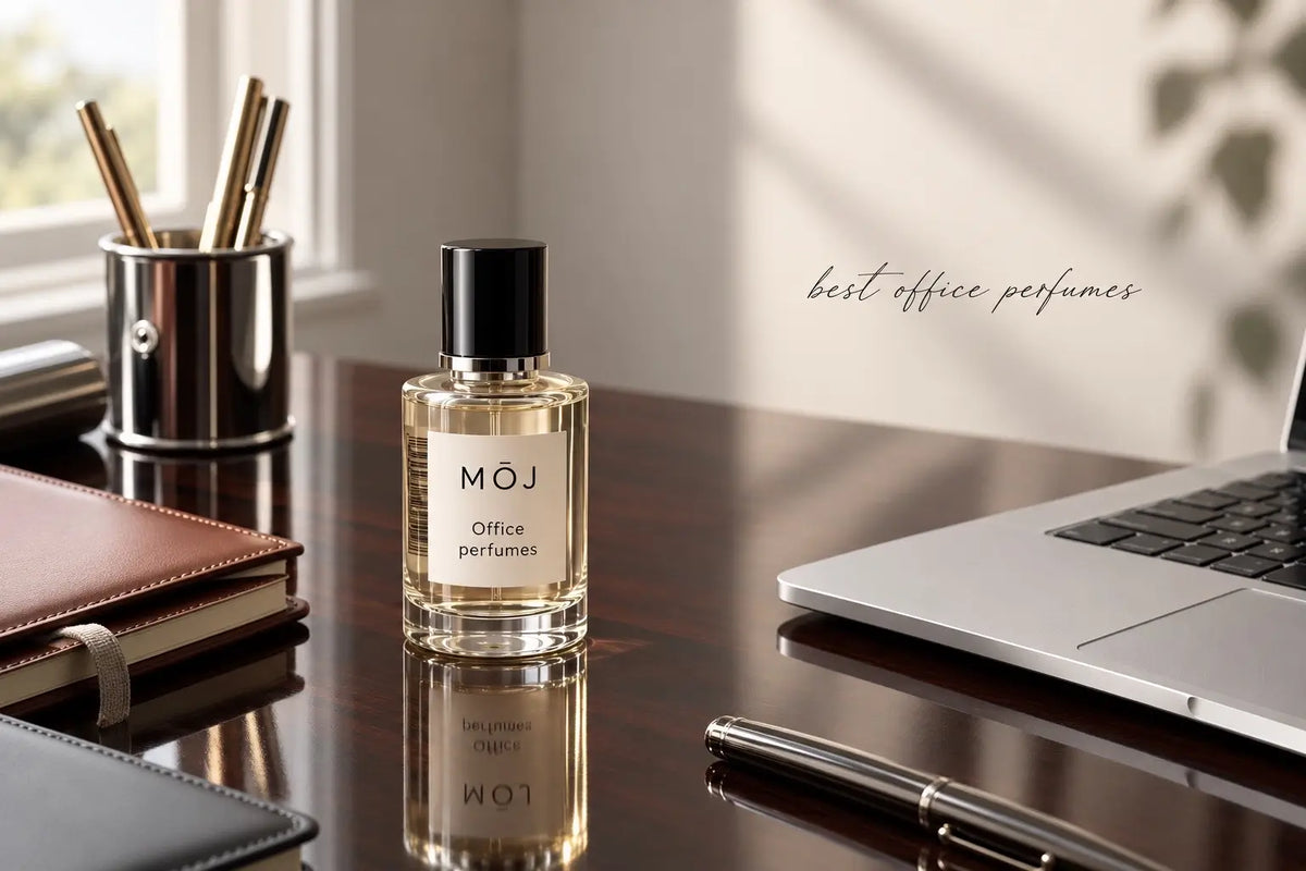 MOJ office perfume bottles including Silver Water and Mademoiselle
