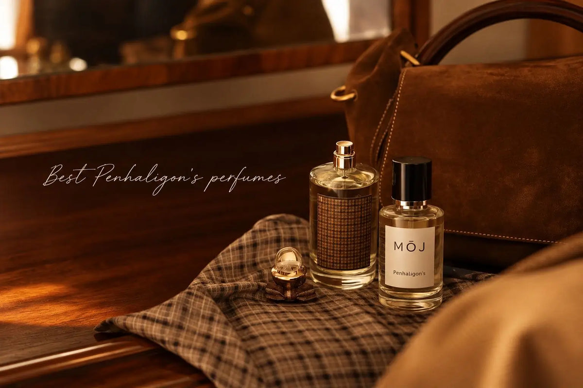 MOJ Penhaligon's inspired perfume beside a tweed-wrapped Penhaligon's Portraits bottle and its animal-head stopper
