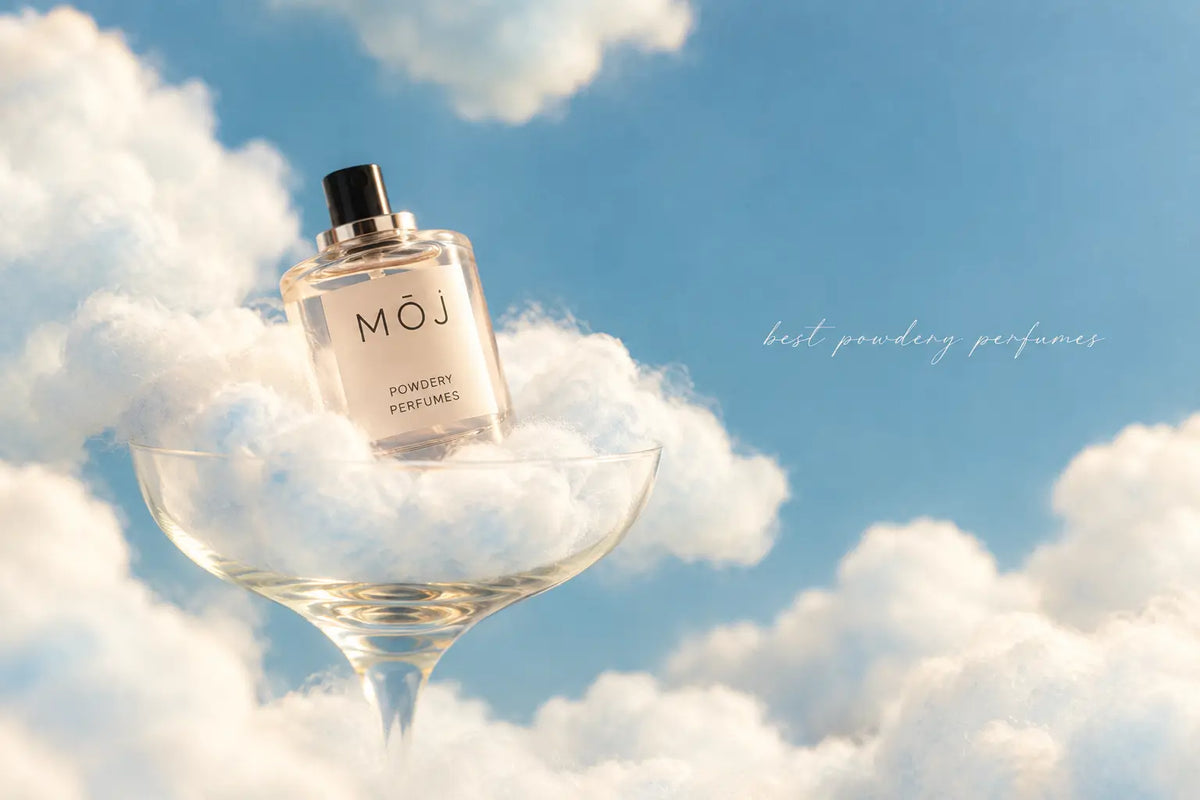 MOJ powdery perfume bottles including Narci Poudre and Vanilla Poudree