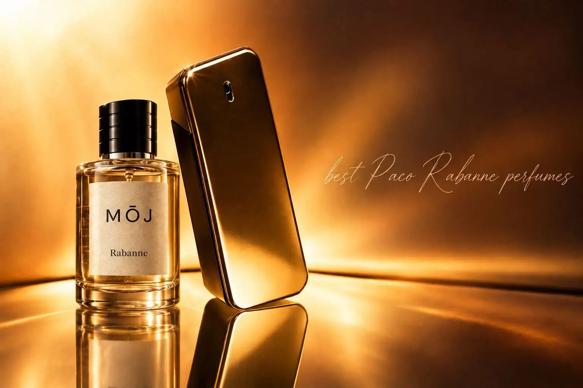 MOJ Rabanne inspired perfume bottle beside a gold bar shaped 1 Million bottle on a mirrored gold surface