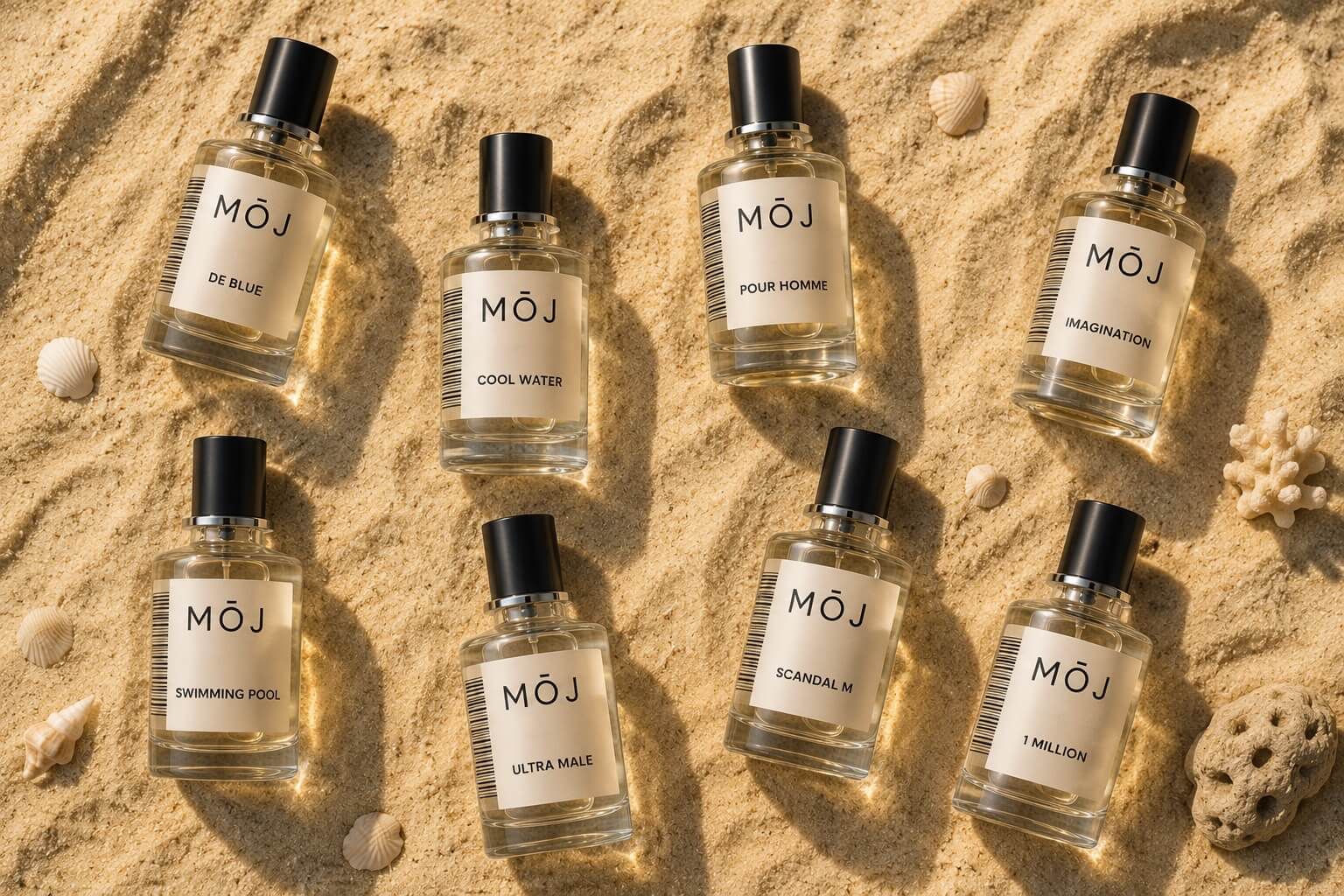 MOJ summer perfume bottles for men in the UAE including De Blue, Imagination and Swimming Pool
