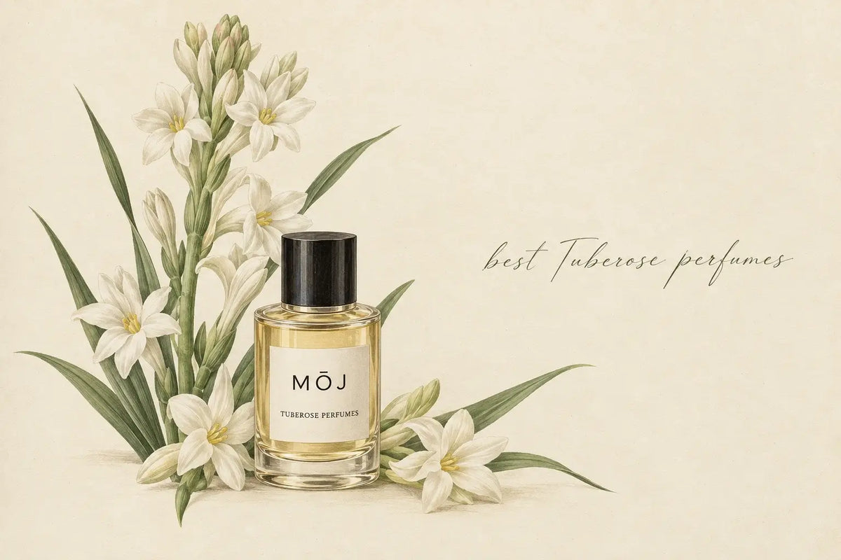 MOJ tuberose perfume bottles including My Way and Supreme Bouquet