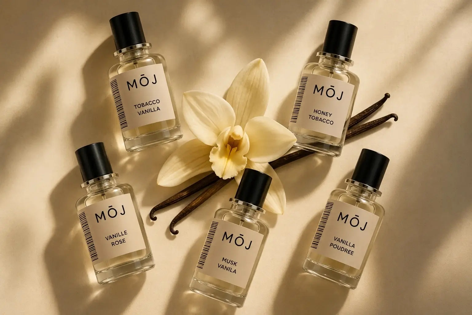 MOJ vanilla perfume bottles including Tobacco Vanilla, Honey Tobacco and Vanilla Poudree