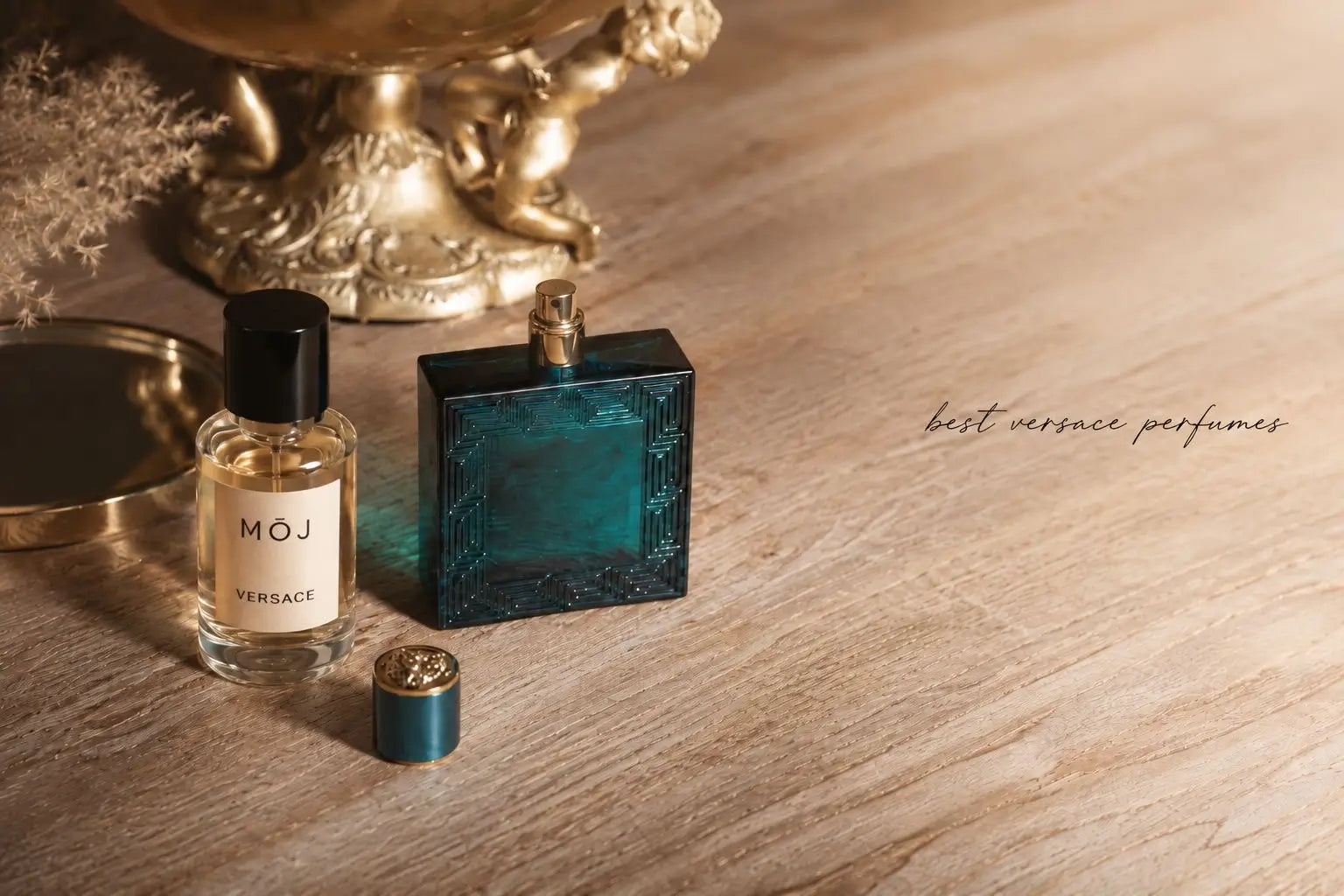 MOJ perfume bottles inspired by Versace including Crystal Noir and Eros style