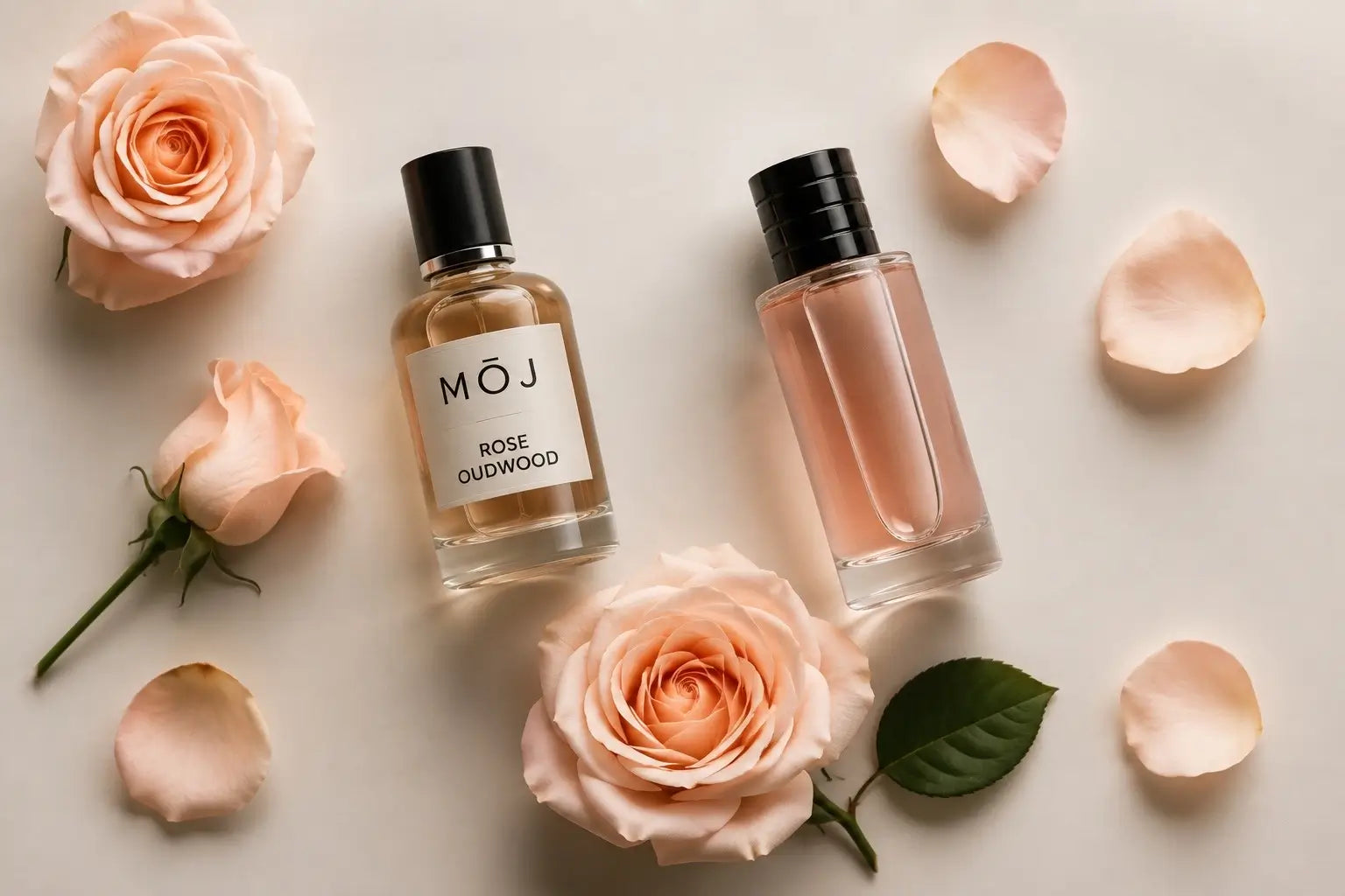 MOJ Rose Oudwood perfume bottle next to Dior Oud Rosewood comparison