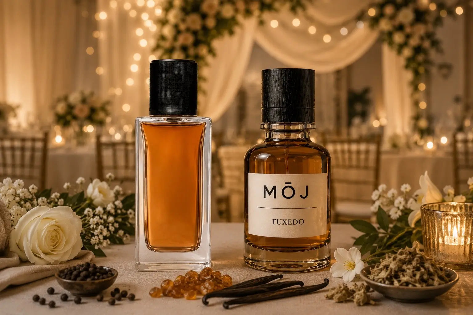 MOJ Tuxedo perfume bottle next to YSL Tuxedo comparison