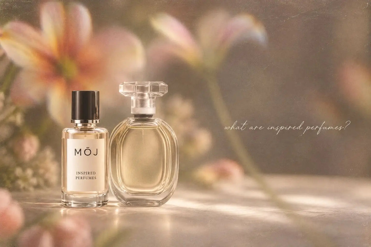 MOJ inspired perfume bottles lined up beside their printed note pyramids