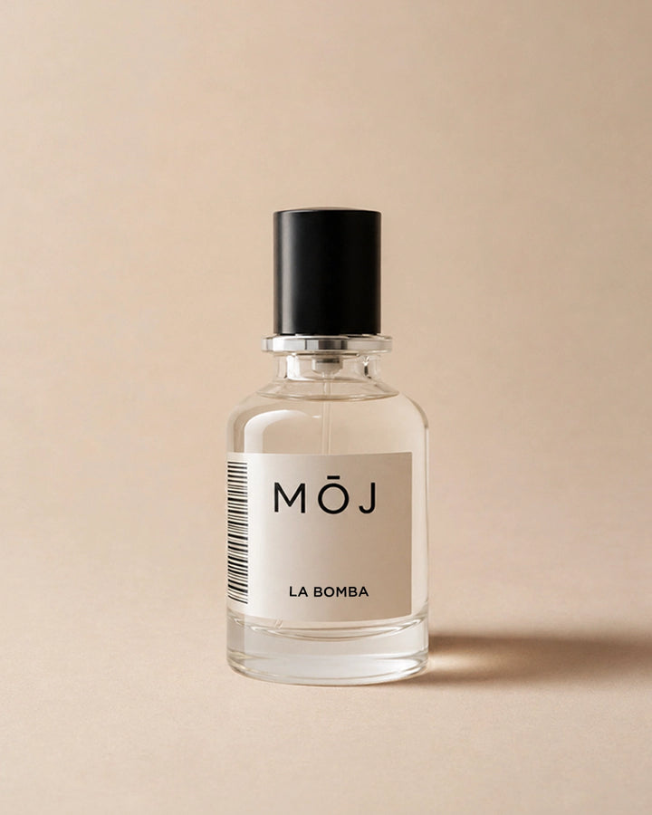 MOJ La Bomba perfume bottle, fruity floral women's fragrance inspired by Carolina Herrera La Bomba