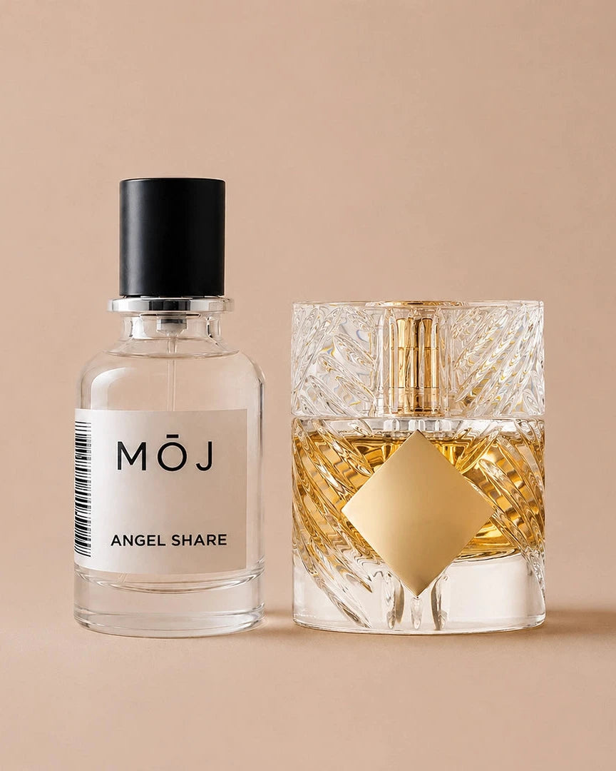 Angel share by MOJ Perfumes next to the original Angels' Share by Kilian