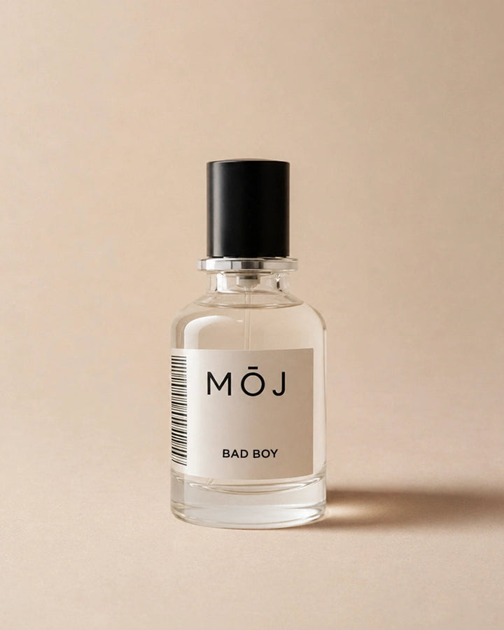 MOJ Bad Boy perfume bottle, spicy oriental men's fragrance inspired by Carolina Herrera Bad Boy