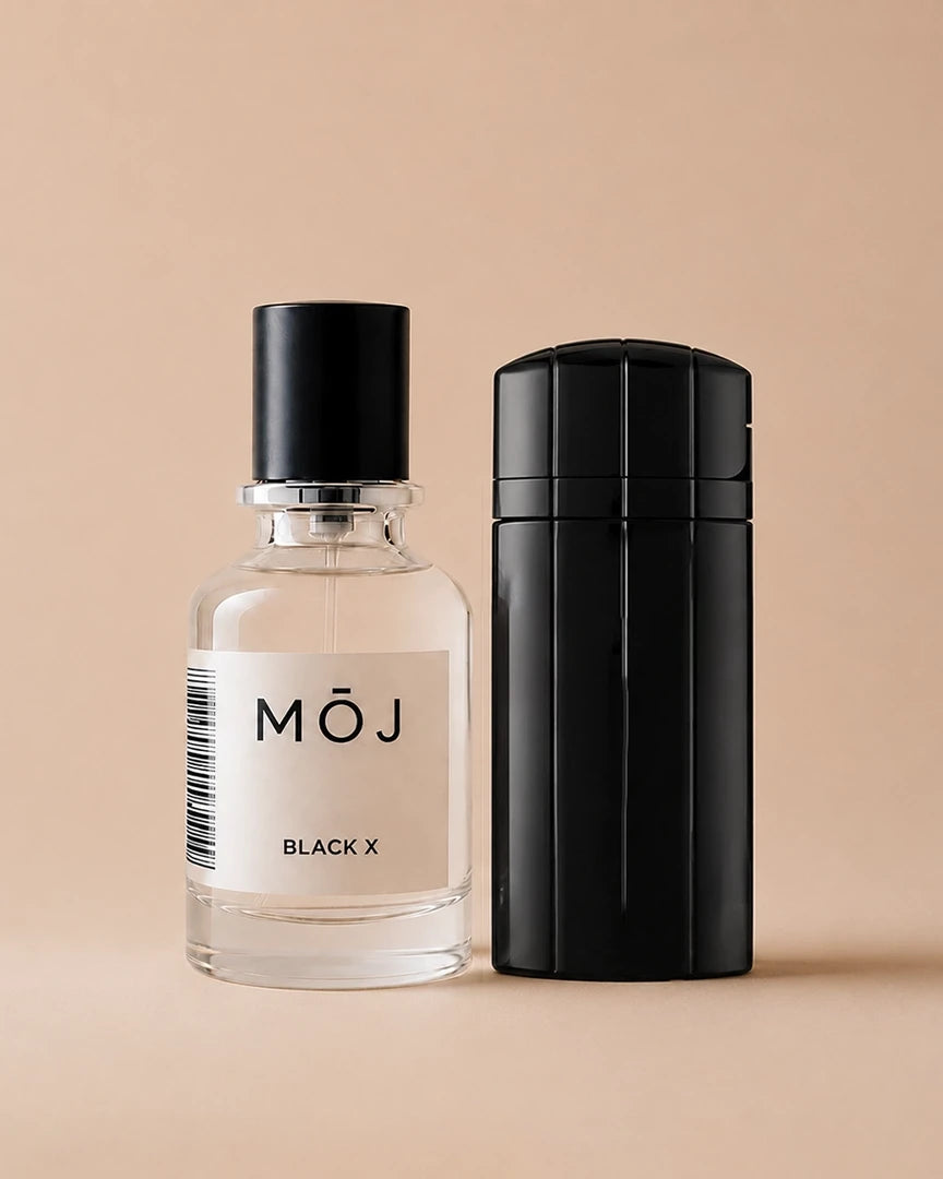 Black XS by MOJ Perfumes next to the original Black XS by Paco Rabanne